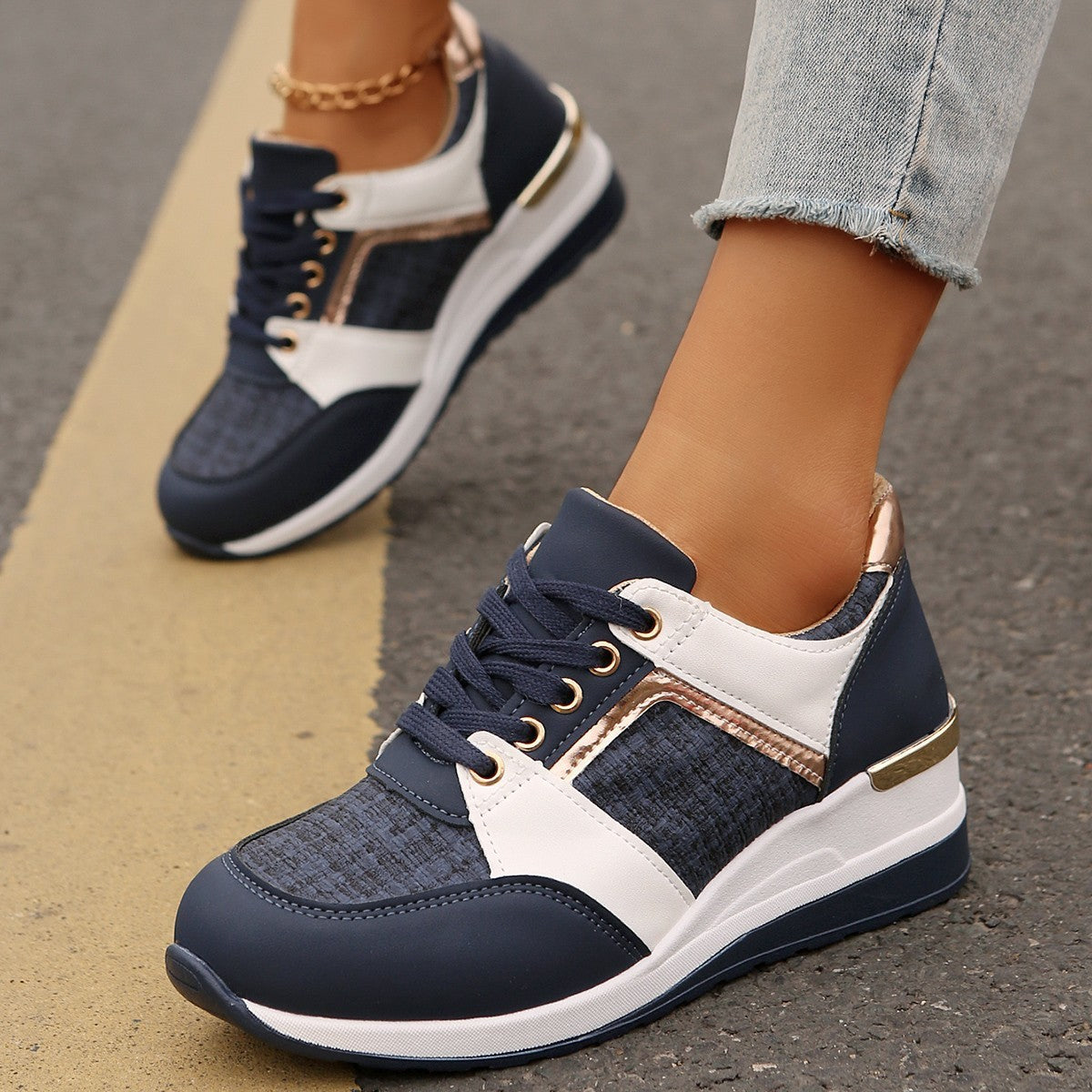 Colorblock Casual Lace-Up Sneakers