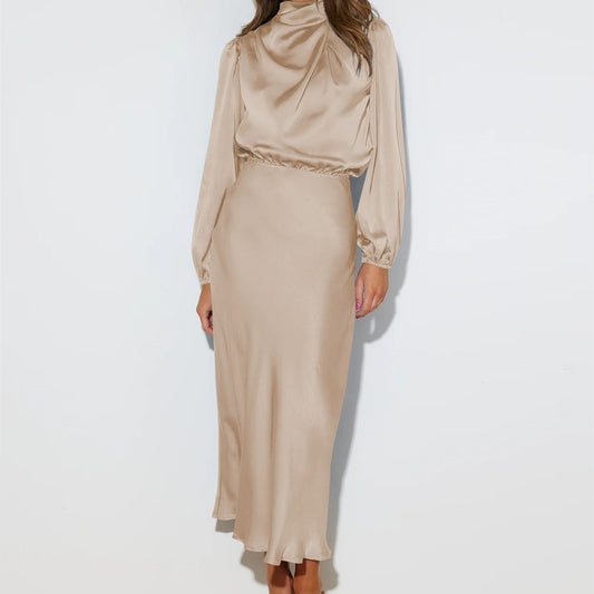 Spring And Autumn Halterneck Long-sleeved Formal Satin Dress