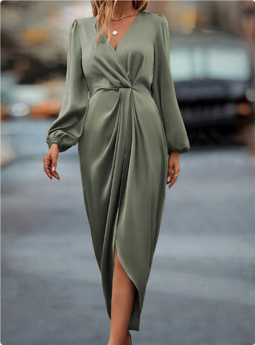 Pure Color Waist-tight Split V-neck Dress Women
