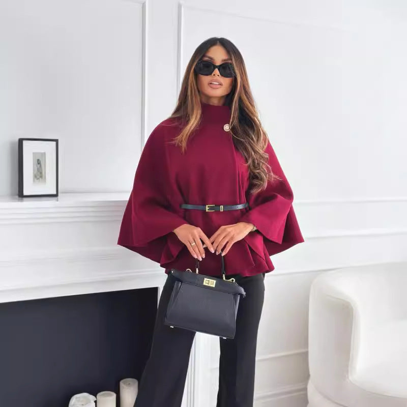 Collar Batwing Sleeves Cloak Sweater With Belt