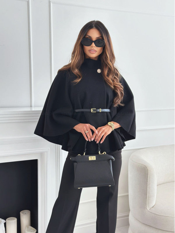 Collar Batwing Sleeves Cloak Sweater With Belt