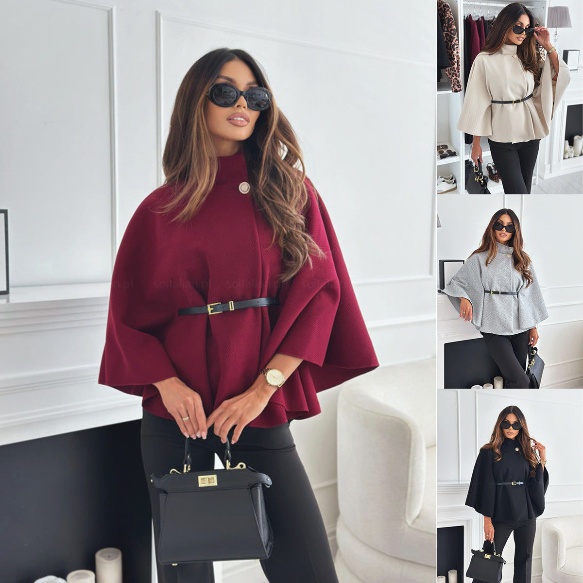 Collar Batwing Sleeves Cloak Sweater With Belt