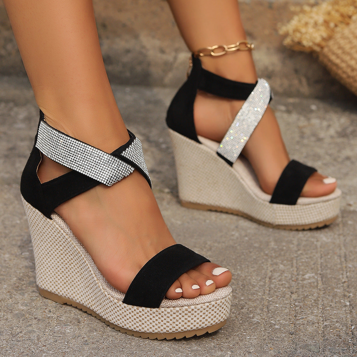 Fish Mouth Rhinestone Design Platform Wedges For Women