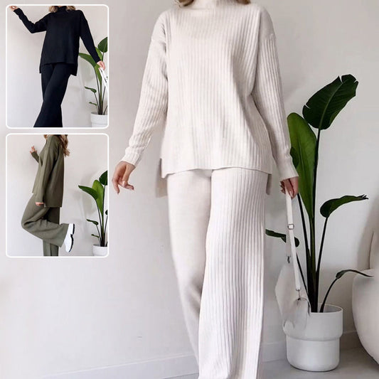 Turtleneck Knitted Suit Loose Split Design Long-sleeved Top And Straight Trousers Fashion Casual Solid Set Women's Clothing