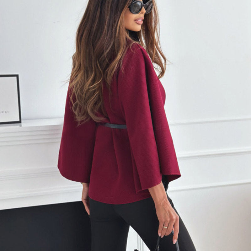 Collar Batwing Sleeves Cloak Sweater With Belt