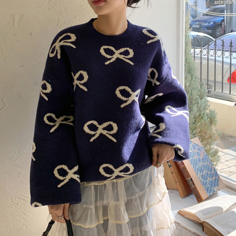 Round Neck Jacquard Bow Long Sleeve Sweater