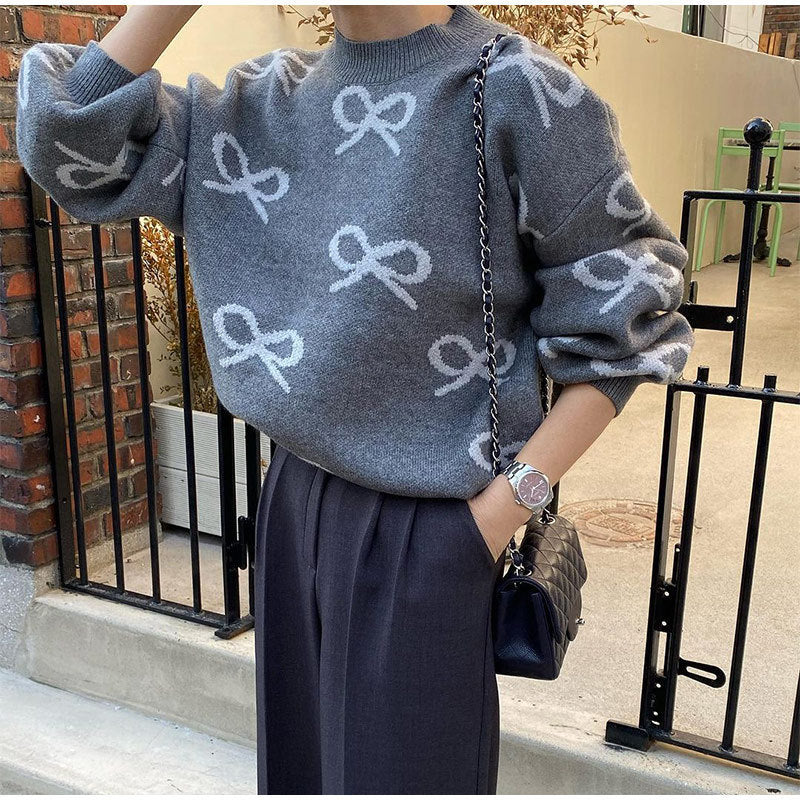 Round Neck Jacquard Bow Long Sleeve Sweater