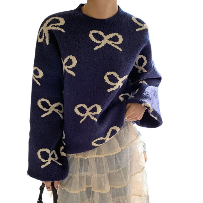 Round Neck Jacquard Bow Long Sleeve Sweater