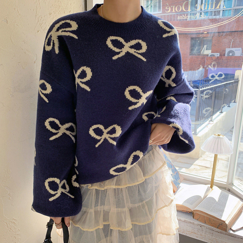 Round Neck Jacquard Bow Long Sleeve Sweater