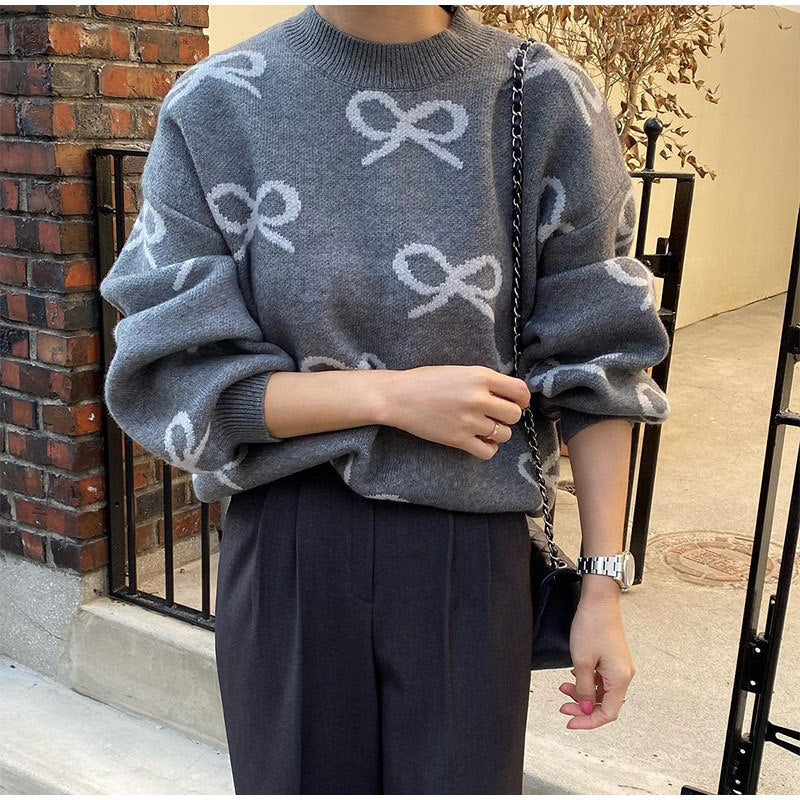 Round Neck Jacquard Bow Long Sleeve Sweater