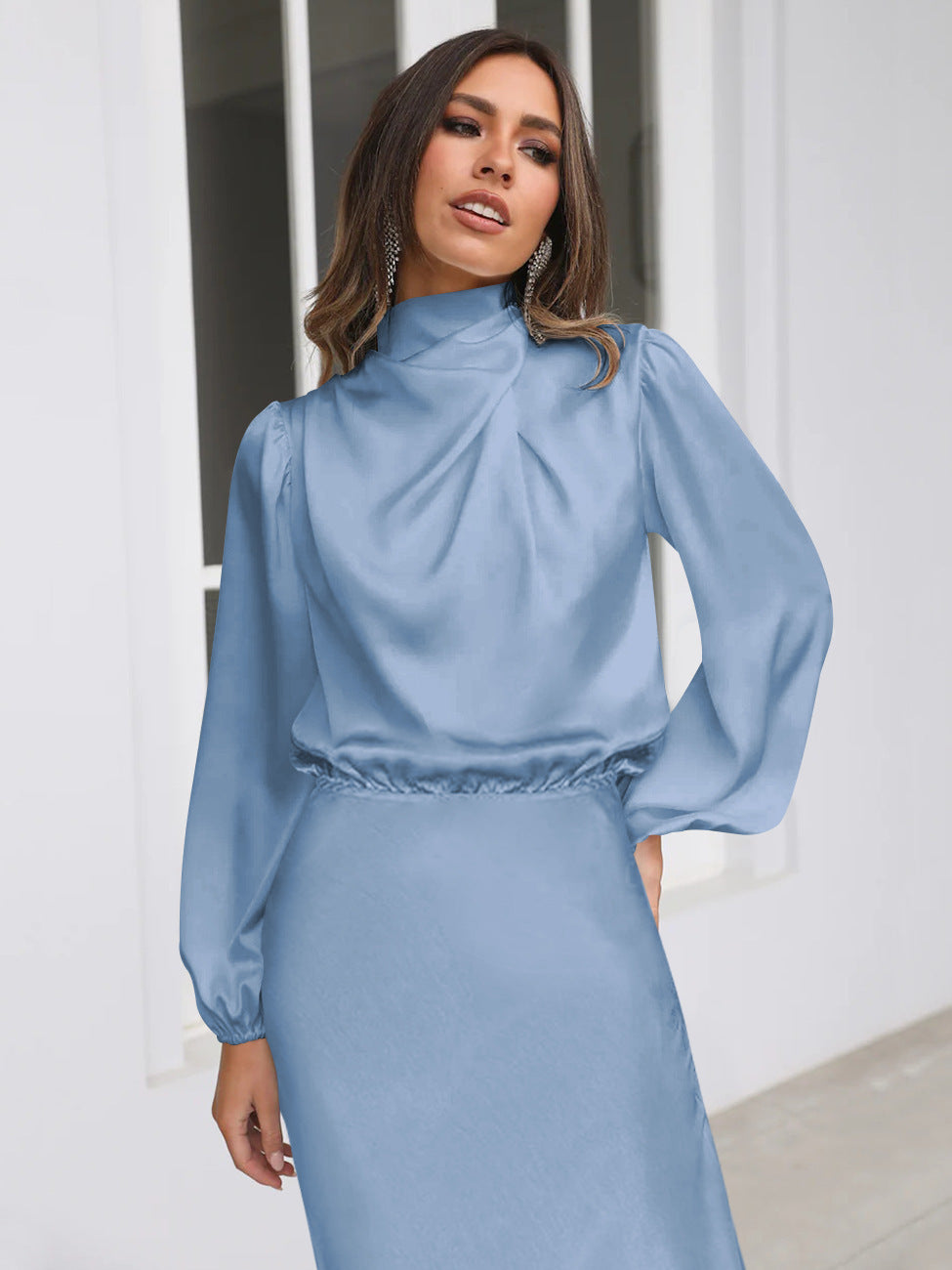 Spring And Autumn Halterneck Long-sleeved Formal Satin Dress