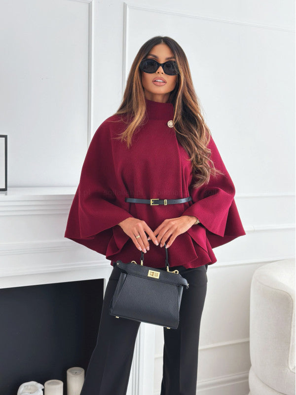 Collar Batwing Sleeves Cloak Sweater With Belt